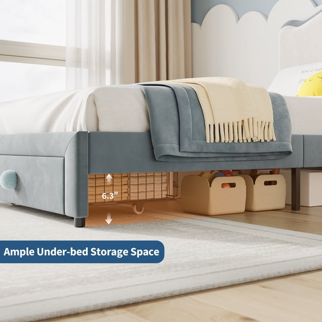 Princess Style Twin Upholstered Bed Frame - Scalloped Headboard, Storage Drawer, Durable Color Color Wood Slats, Easy Assembly, No Box Spring Needed - Kids Bedroom Furniture - Blue and White