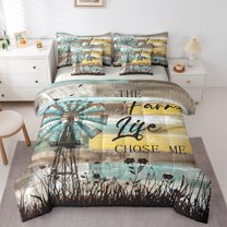 Homewish Retro Lake House Bedding Comforter Set 7 Pieces for Adult, Yellow Rustic Cabin Full Bedding Set, Plant Botanical Reversible Fitted Sheet Flat Sheet, Breathable Home Decor