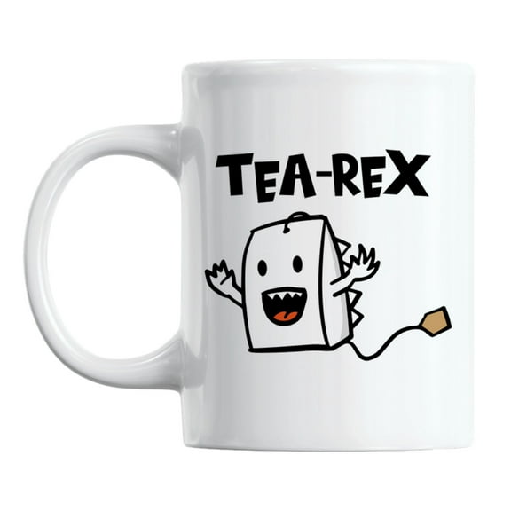 Funny Tea-Rex Dinosaur Pun White Ceramic Coffee & Tea Mug Cup (11oz)