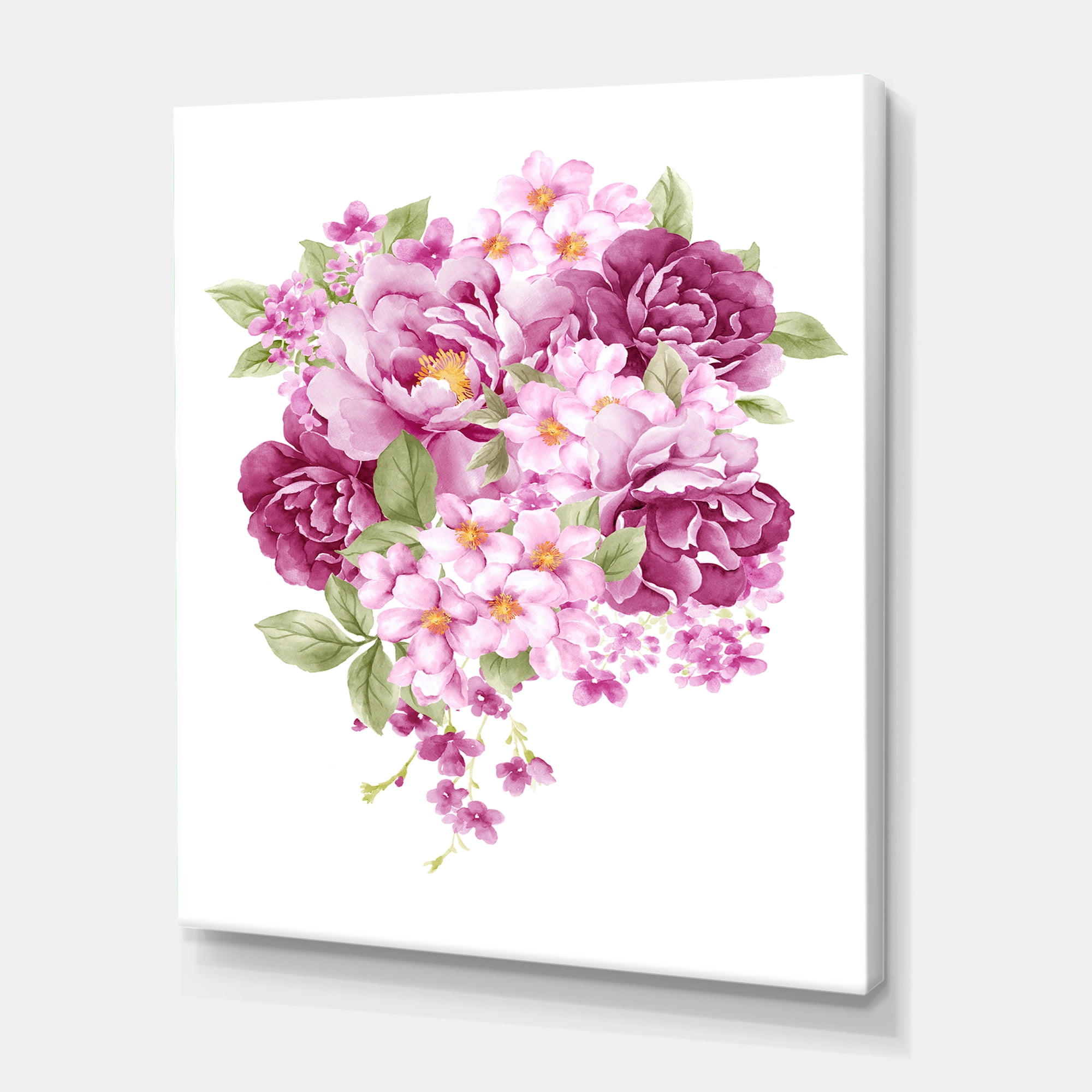 Bouquet Of Pink Retro Flowers 12 in x 8 in Painting Canvas Art Print, by Designart