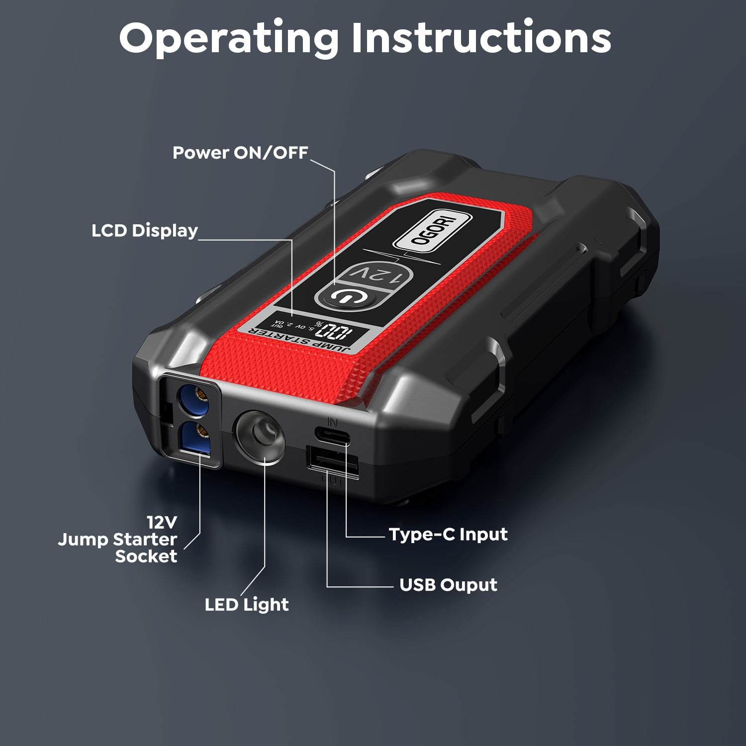 OGORI Car Jump Starter Portable, 8000A Peak 12V Battery Jump Starter with Jumper Cables &  LED Light, Car Battery Booster Charger Power Pack, Jump Box, up to 10.0L Gas/8.0L Diesel