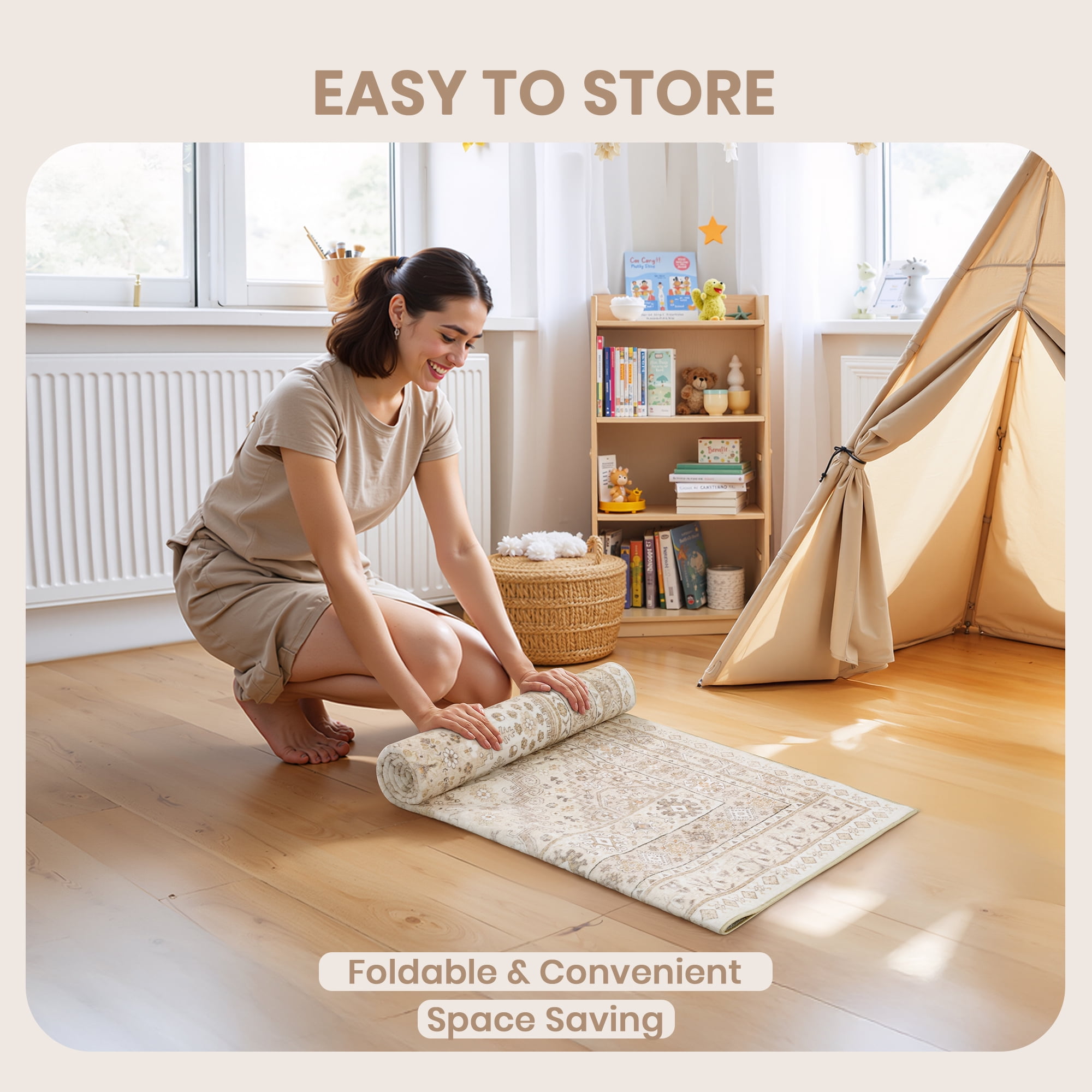 Roxstand 6x9 Area Rugs for Living Room, Vintage Large Area Rug, Non-Slip Backing Washable Rug, Stain Resistant Home Decor Rug (6'x9', Beige)