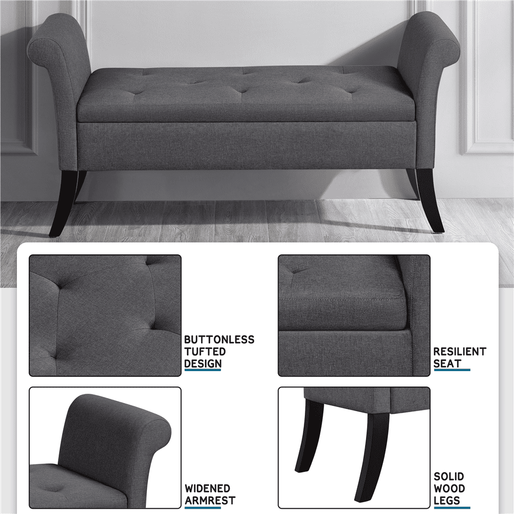 Yaheetech Modern Fabric Tufted Storage Bench Cushioned Ottoman Bench with Rolled Arms, Dark Gray