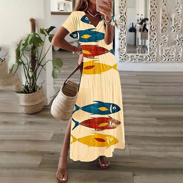 Daiosportswear Robes Maxi Florales d'Été pour Femmes Col en V Smocké Boho Robe d'Été, Robe Longue Fluide de Plage Vacances, Robe à Manches Courtes Multicolore-R TG(TG)