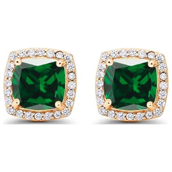 14k Yellow Gold 1/2Ct Created Halo Princess Cut Emerald Stud Earrings Gift for Women Plated by Paris Jewelry