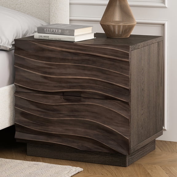 HIUU 24"Brown Wood Nightstand,Bed Side Table with Drawers,2 Drawer Nightstand with 3D Wave Drawer Fronts,Modern Wood Nightstands with No Handles for Living Room and Bedrooms