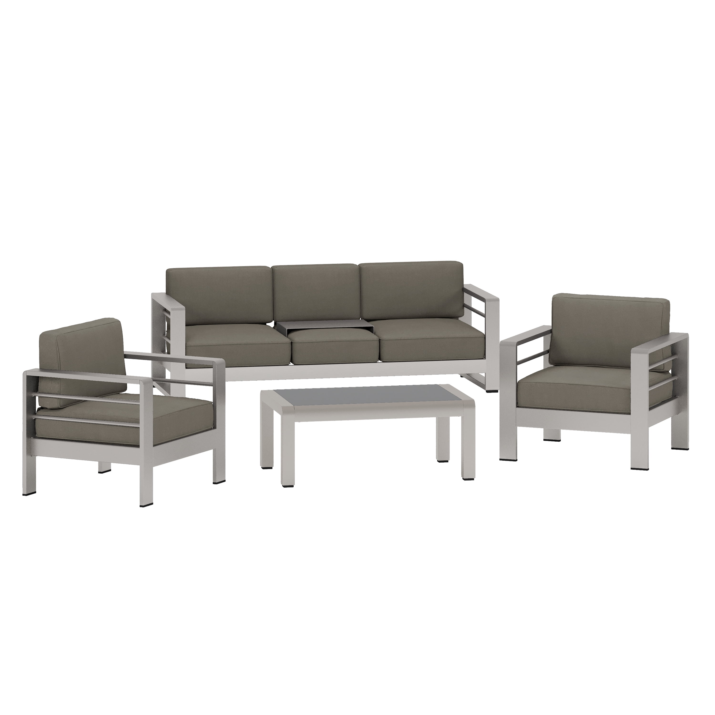 Gannon Outdoor 4 Piece Aluminum Chat Set with Cushions, Khaki
