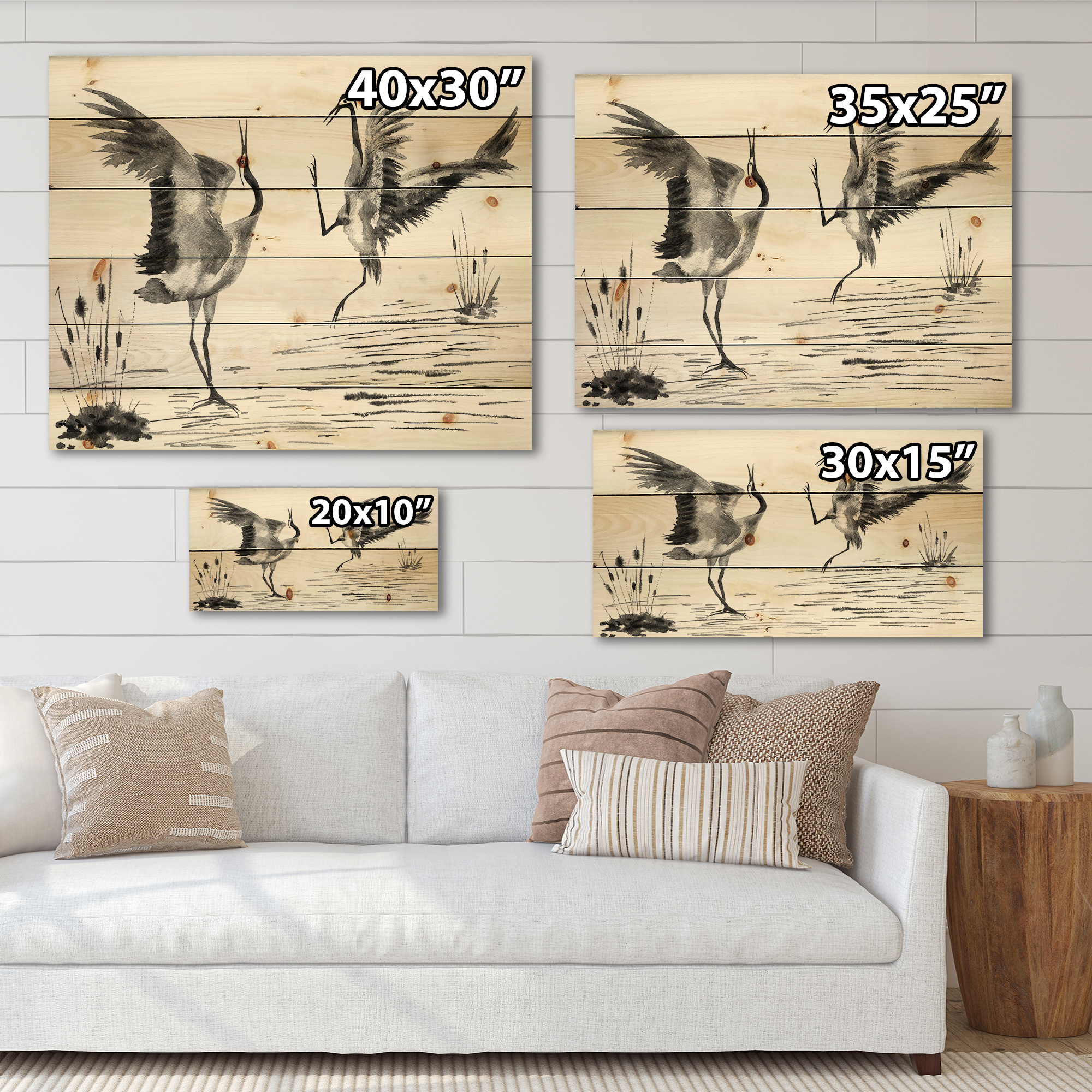Designart 'Monochrome Two Enamored Japanese Cranes Birds' Traditional Print on Natural Pine Wood