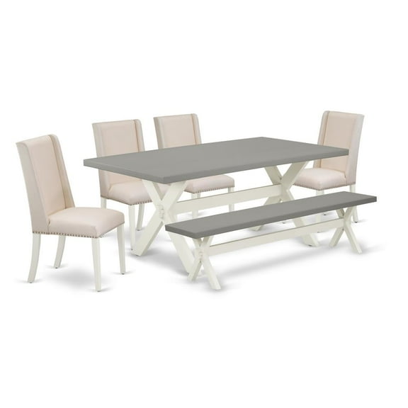 East West Furniture X-Style 6-piece Wood Dining Room Table Set in White/Cream