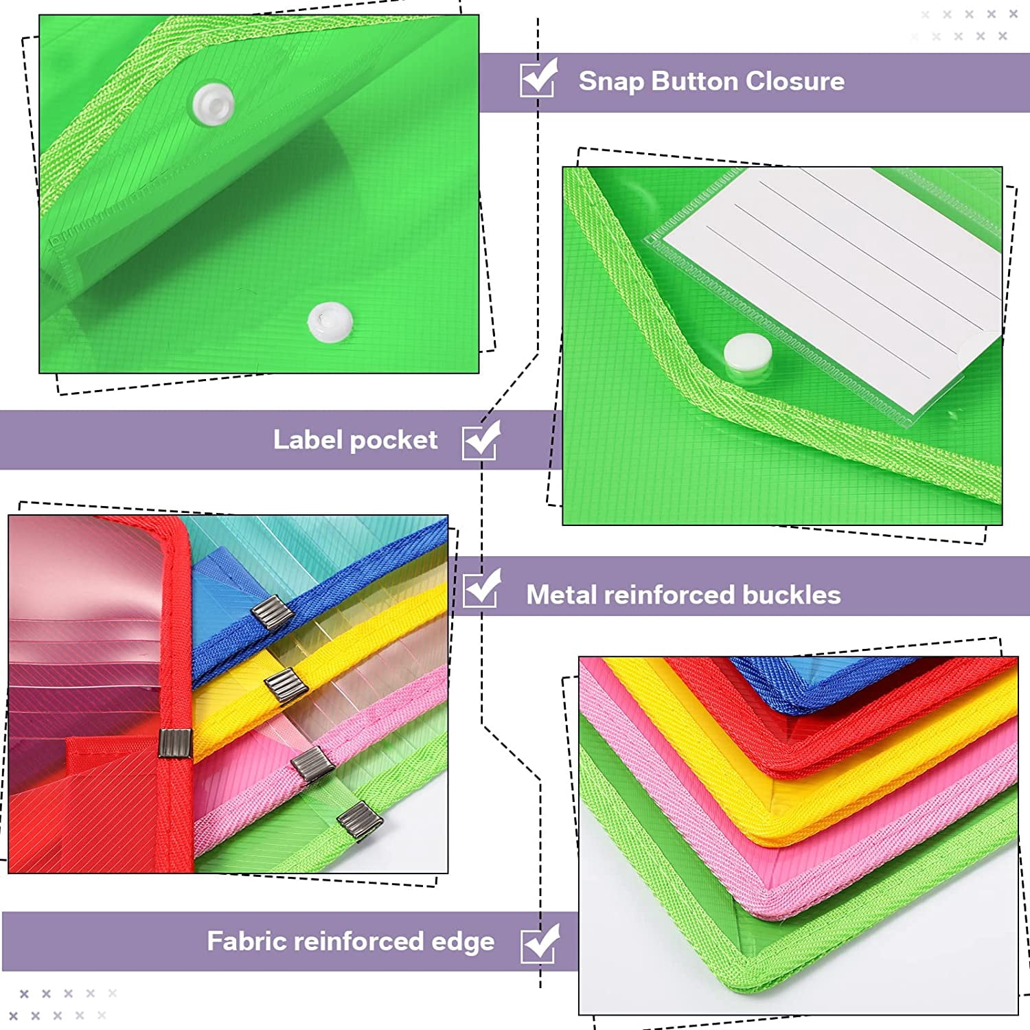 10 Pack Plastic Expanding File Folder, Transparent Envelopes File Folders with Pockets, No Dividers, Large Capacity, A4 Size, School Office Supplies, Colorful