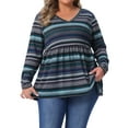 thumbnail image 1 of Blusas de mujer de talla grande Agnes Orinda, tops de babydoll vintage a rayas, con cuello en V, de manga larga, con cintura elástica, casual, 3X, azul, 1 of 6