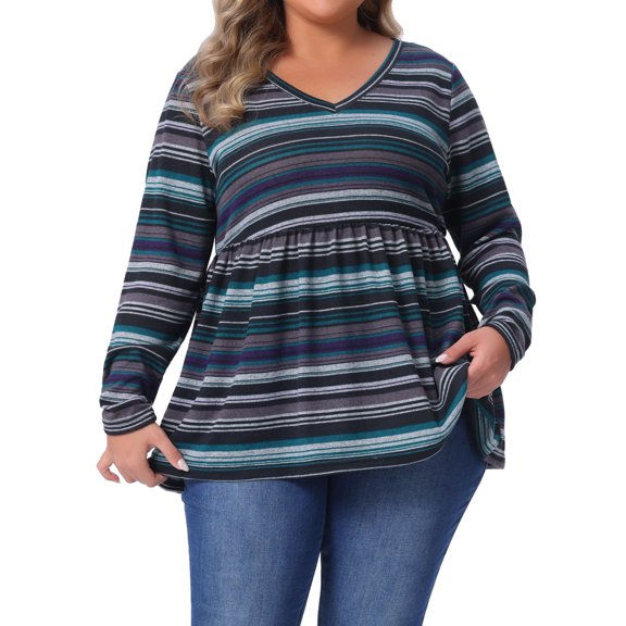 Agnes Orinda Women's Plus Size Babydoll Tops Vintage Striped Boho V Neck Long Sleeve Elastic Waist Casual Blouse 1X Blue