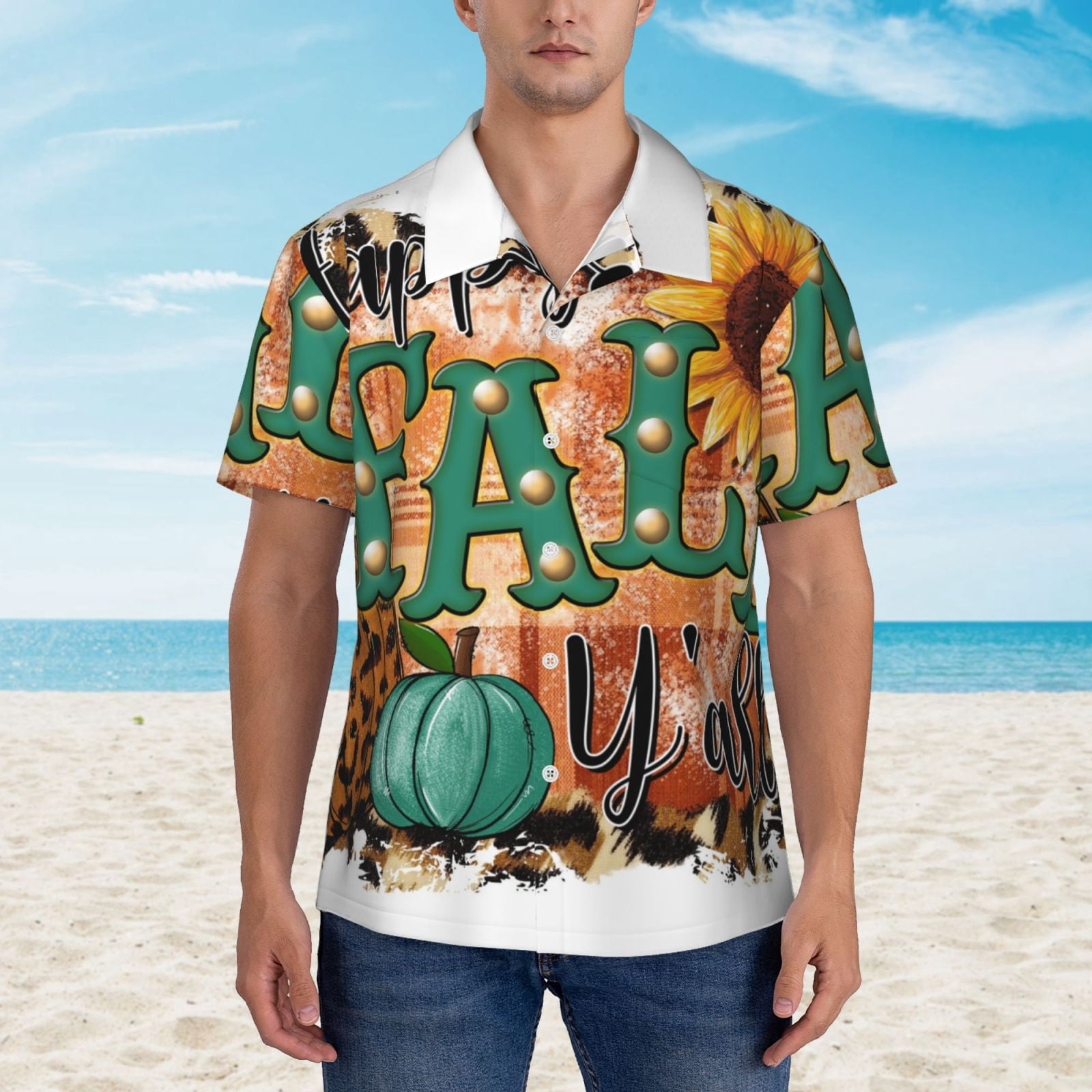 Rateoe Happy Fall Y'All Pattern Men’s Hawaiian Shirt – Short Sleeve Button-Down Tropical Beach Shirt, Lightweight & Breathable Casual Aloha Shirt with Pocket,XX-Large