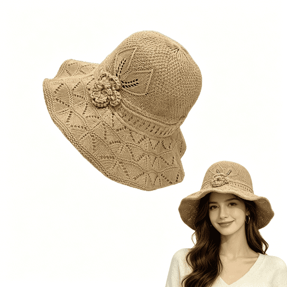 Women's Elegant Woven Straw Sun Hat – Foldable & Breathable Summer Wide Brim Beach Hat for Vacations(RL Khaki)