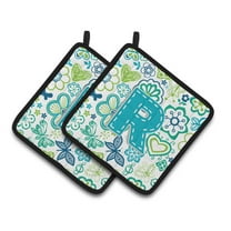 Letter R Flowers and Butterflies Teal Blue Pair of Pot Holders