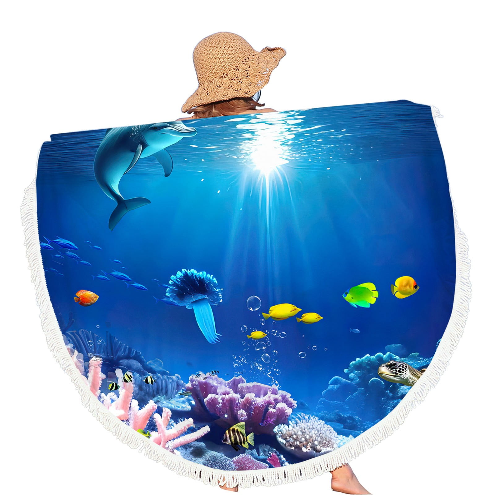 Matoen Large Round Beach Towels Tassels Microfiber Ocean