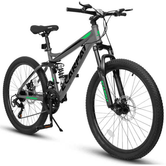 24" Mountain Bike for Adults, 21 Speed Full Suspension MTB, Dual Disc Brakes, High Carbon Steel Frame, 85% Pre-Assembled, for Men & Women