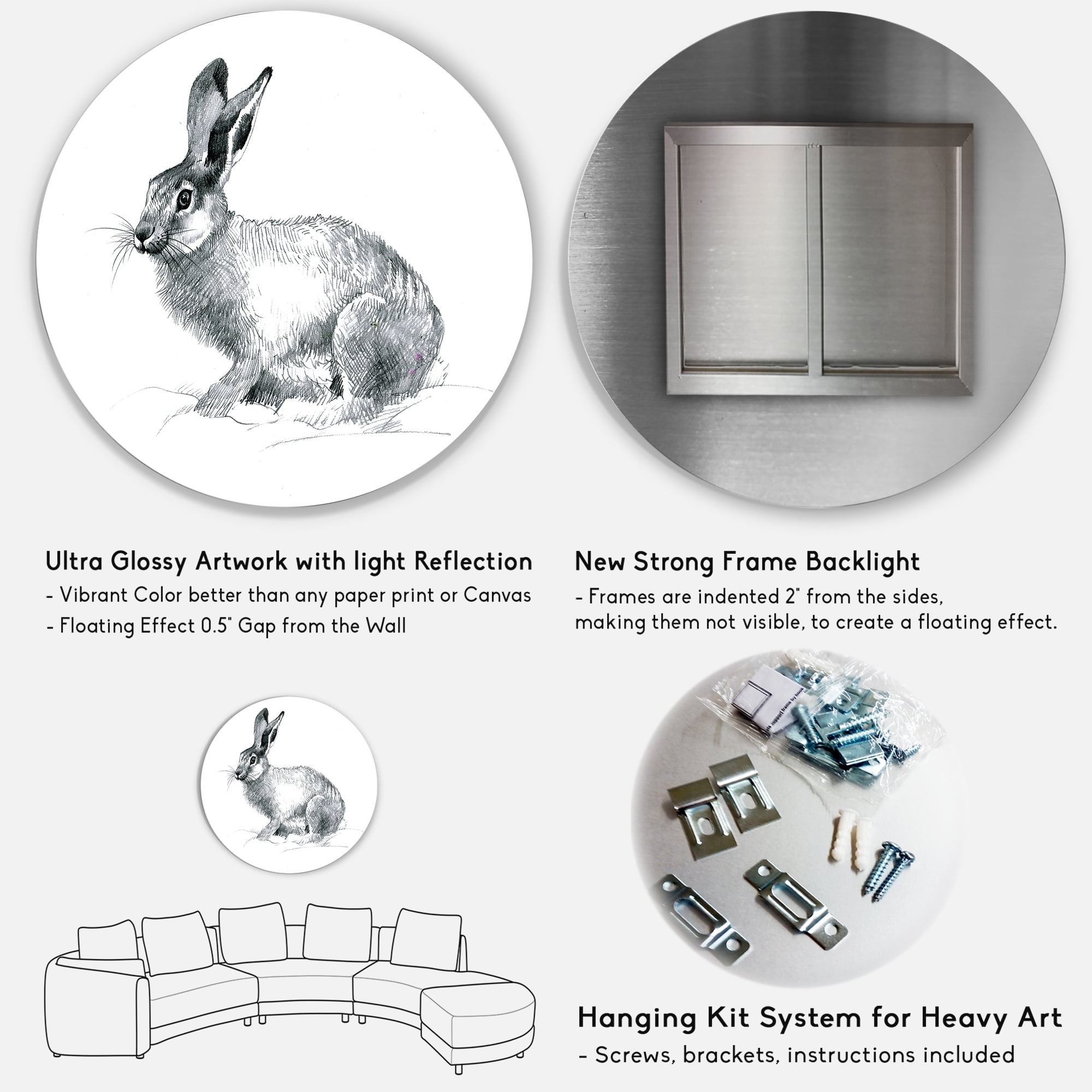 Designart 'Black and White Portrait Of Rabbit' Farmhouse Circle Metal Wall Art 23x23 - Disc of 23