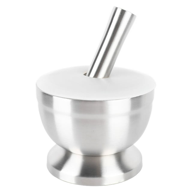 Mortero y maja de acero inoxidable 18/8 con tapa de silicona, base antideslizante, mortero de ajo de calidad alimentaria para nueces, hierbas, tapa de silicona grande