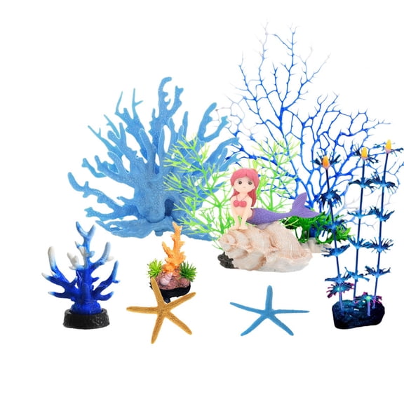 7-Piece Fluorescent Coral Reef Aquarium Decor Set with Glow-in-the-Dark Blue Coral, Artificial Plants, Starfish & Mermaid Ornament
