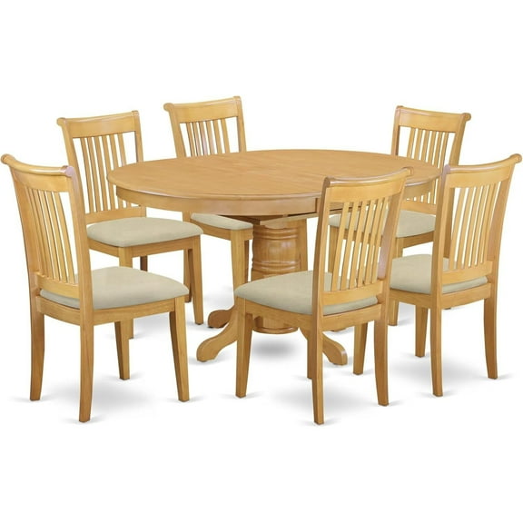 HomeStock 7 Piece Modern Dining Table Set Consist of an Oval Wooden Table with Leaf and 6 Linen Fabric Dining Room Chairs, 42X60 Inch, Oak