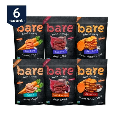 bare Baked Crunchy Veggie Chips Variety Snack Pack, Sweet Potato, Beet, and Carrots, 1.4 oz Bags, 6