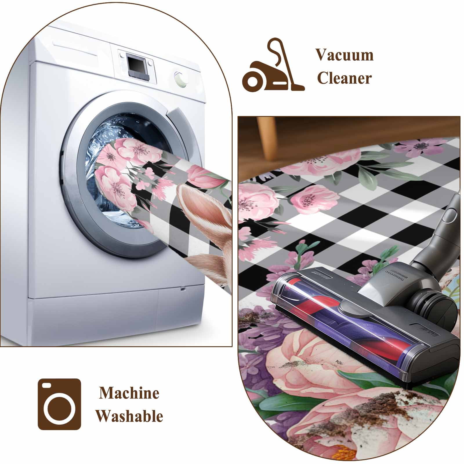 Easter Bunny Roses Area Rugs 6'x9', Washable Small Throw Rugs for Kitchen Dining room, Pink Floral Spring Black Buffalo Plaid Indoor Outdoor Rug Non-Slip Low Pile Carpet Runner Reversible Floor Mats