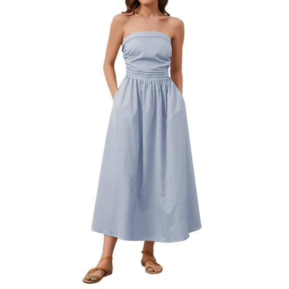 MATN Striped Strapless Maxi Dress for Women Sleeveless Flowy Long Dress Summer Casual Tube Dress with Pockets