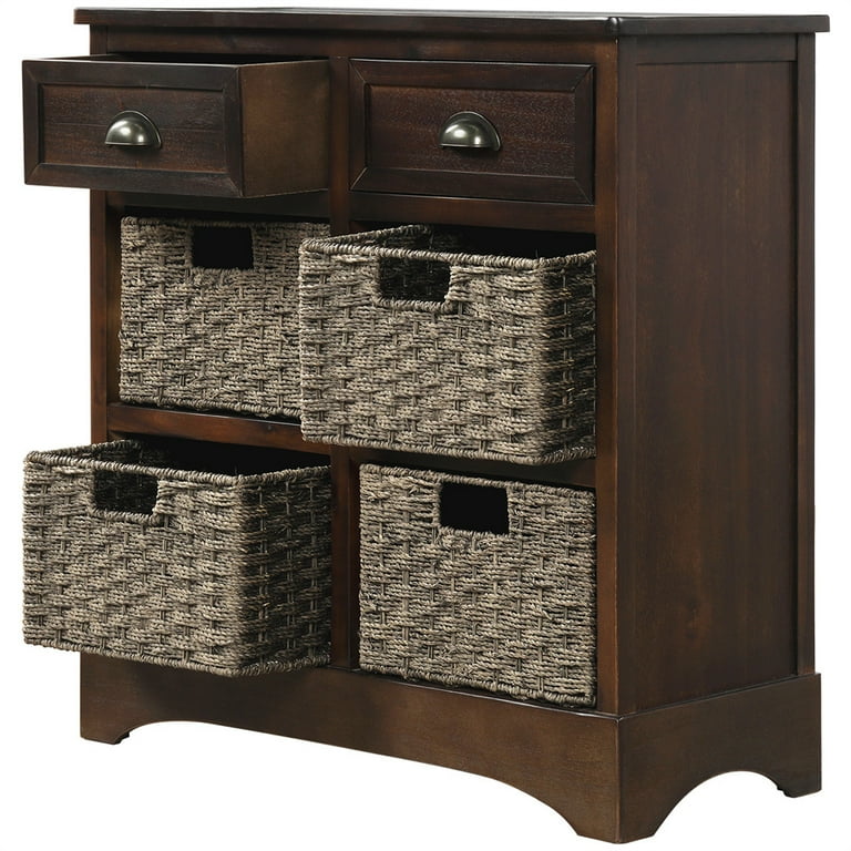 Espresso wooden storage cabinet with wicker baskets discount