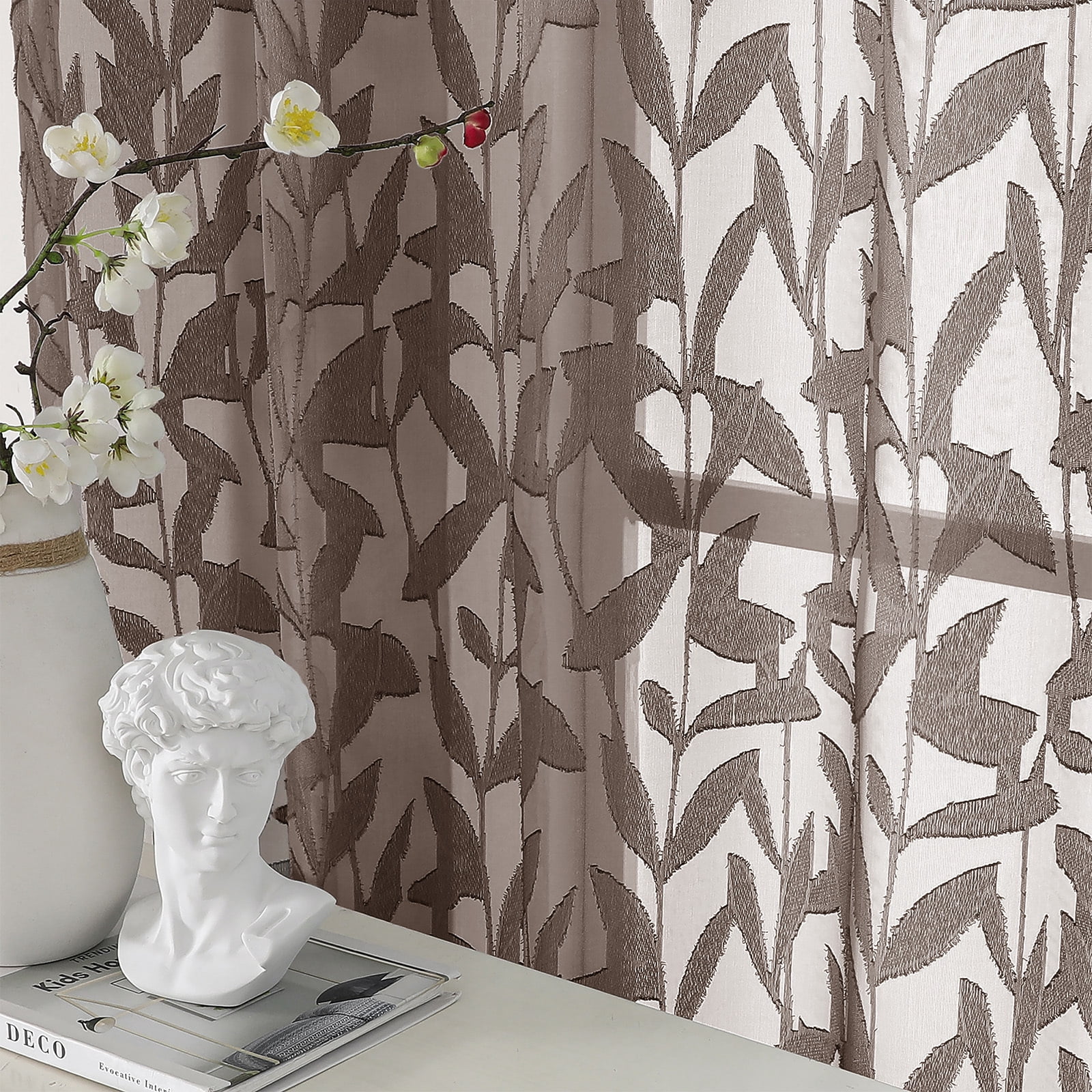OVZME Leila Chocolate Sheer Curtains 54 Inch Length 2 Panels Set, Light Filtering Textured Leaf Jacquard Small Window Curtain for Living Room Bedroom Rod Pocket, Each 40"Wx54"L, Chocolate