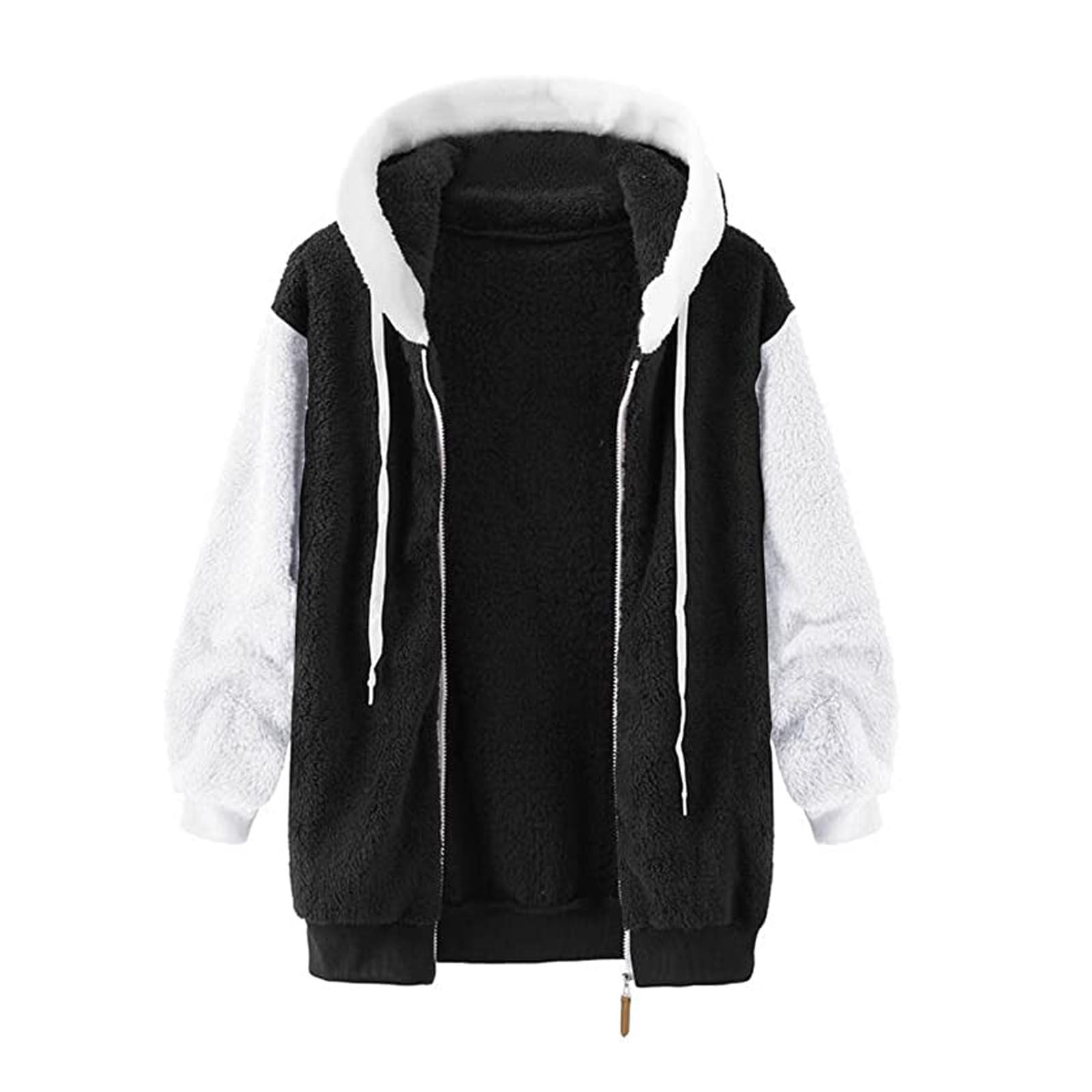 MeetoTime Plus Size Hoodies for Women Fleece Fuzzy Winter Hooded Full Zip Up Color Block Casual Outerwear with Pockets