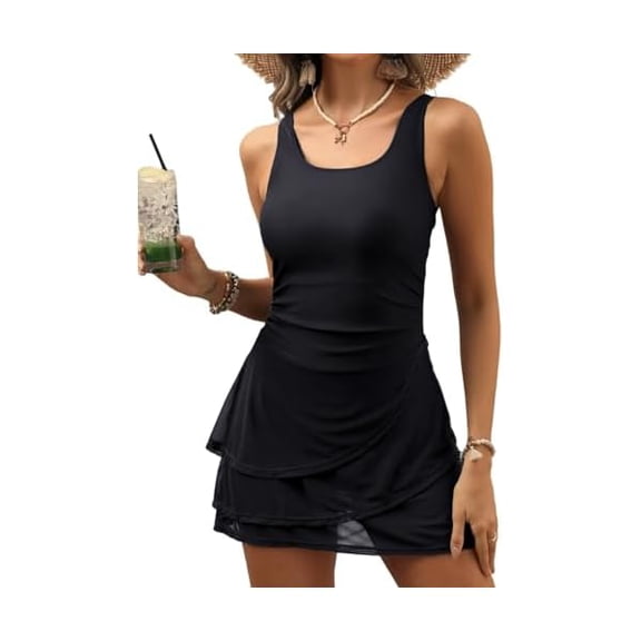Women One Piece Tummy Control Swimsuit Modest Swim Dress Bathing Suit Skirt Swimwear