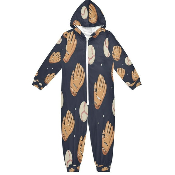 Soft Big Kids Onesie Pajamas Cozy Loose-Fit Jumpsuits for kids with Pockets for Christmas Lounge & Play Baseball Gloves and Balls Pattern
