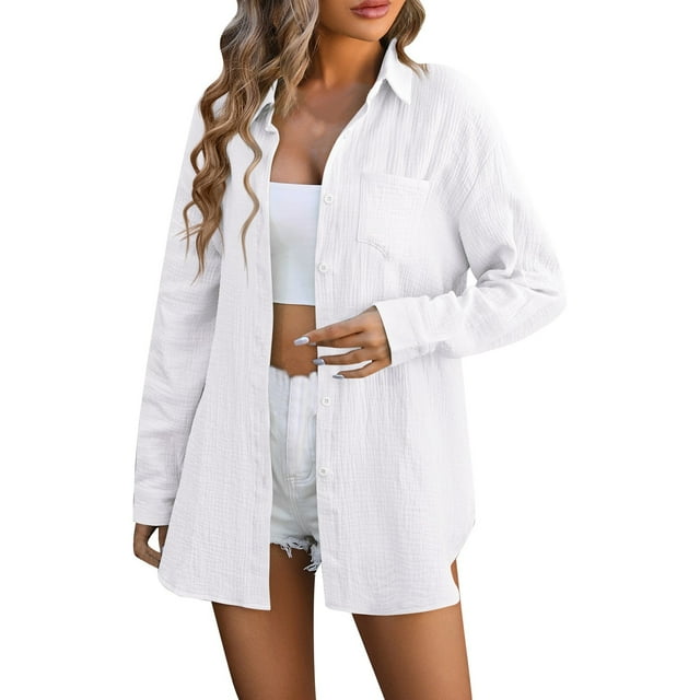 WEAIXIMIUNG Button Down Shirts for Women Work Pattern Women's Work Beach Smock Double Crepe Casual Shirt
