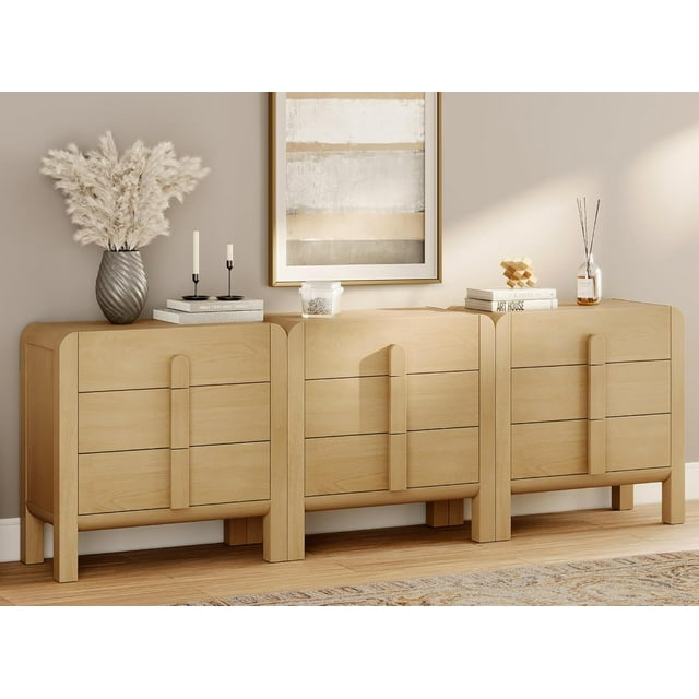 WAMPAT Commode à 9 Tiroirs pour Chambre, Commode 3-en-1 de 94,5 Pouces de Large Style Mi-Siècle Moderne, Commode en Bois avec Poignées Courbées, Meuble Télé, Rangement de Garde-Robe pour Chambre Ou Salon, Chêne