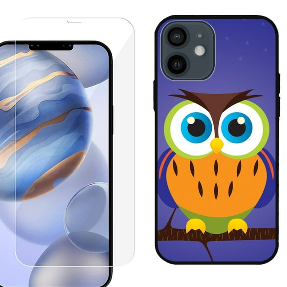 Slim-Fit Protective Phone Case (Black) compatible with iPhone 12 / iPhone 12 Pro, with Tempered Glass Screen Protector, by OneToughShield ® - Night Owl