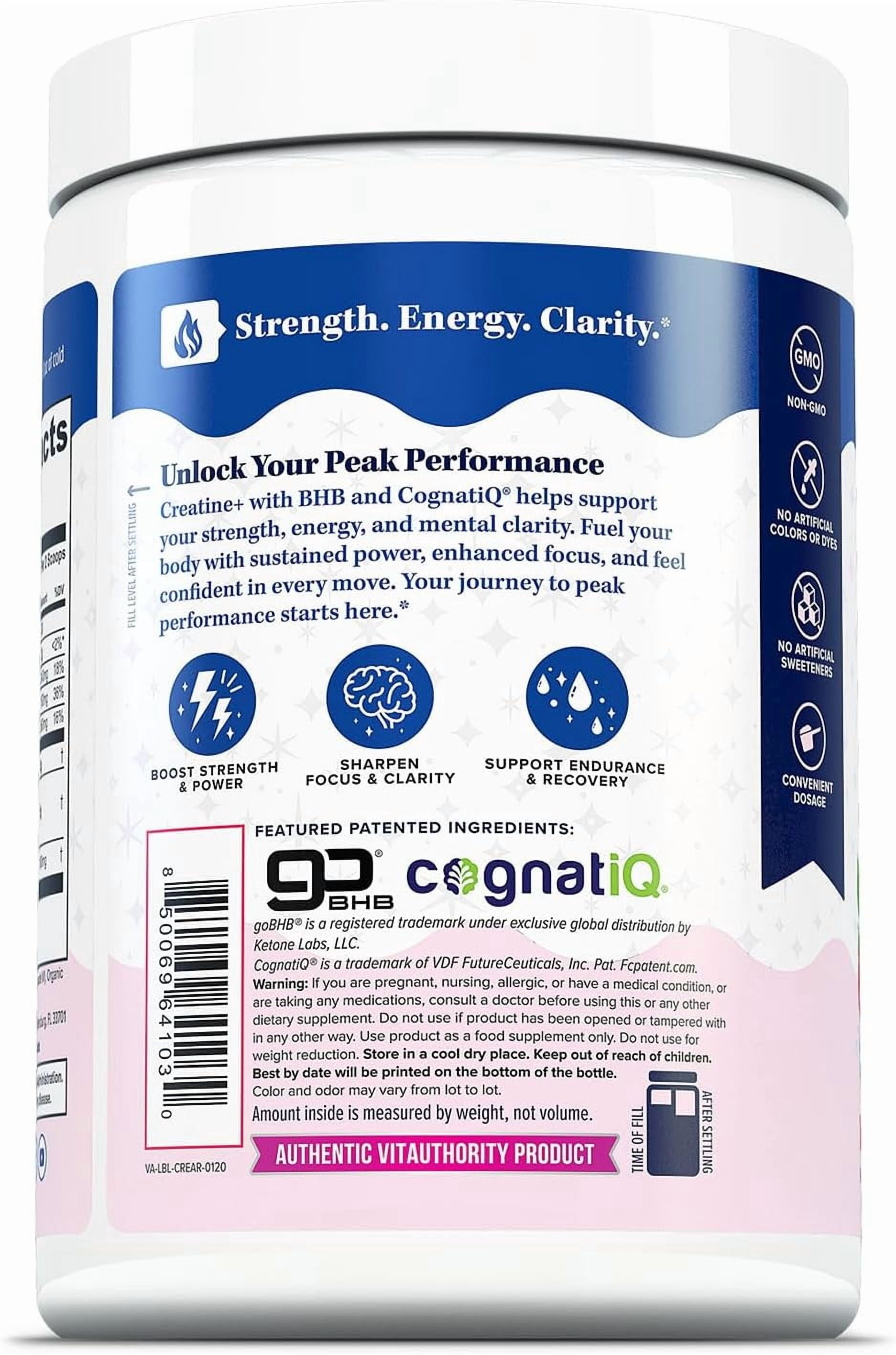 Vitauthority Creatine Powder for Women with goBHB and CognatiQ, Raspberry, 60 Servings