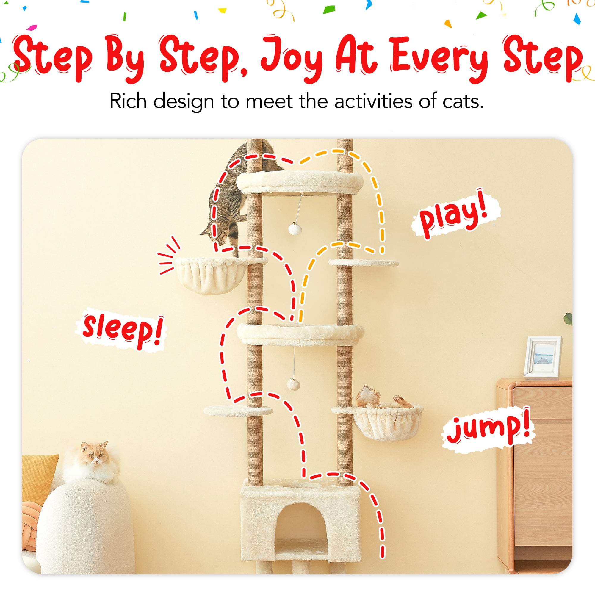 Furcato Cat Tree, Floor to Ceiling Cat Tower Adjustable Height [92.9-102.4 in=235-258cm], 7 Tiers Cat Climbing Play House with Fully Sisal Scratching Post, Beige