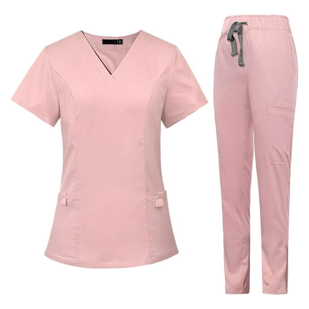 Uniformes de enfermería Conjunto de uniforme de enfermera Camiseta y pantalones Conjunto de uniforme de enfermera Ropa de trabajo femenina Rosa S