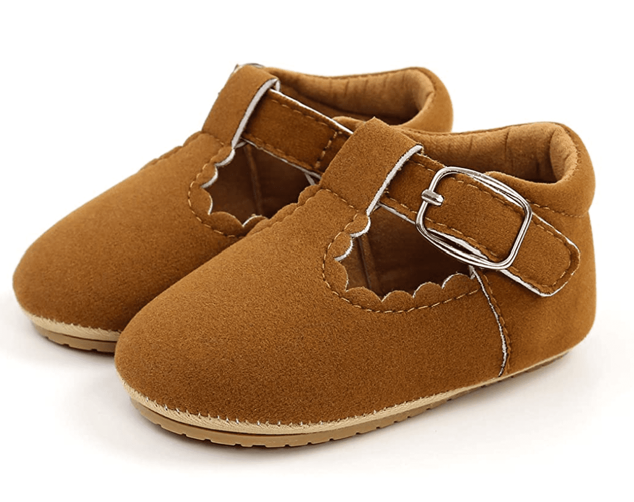 Baby Girls Hard-Sole Brown Suede Scalloped Mary Jane Shoes T-Strap 0-6M Size 1