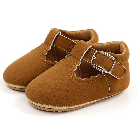 Baby Girls Hard-Sole Brown Suede Scalloped Mary Jane Shoes T-Strap 0-6M Size 1