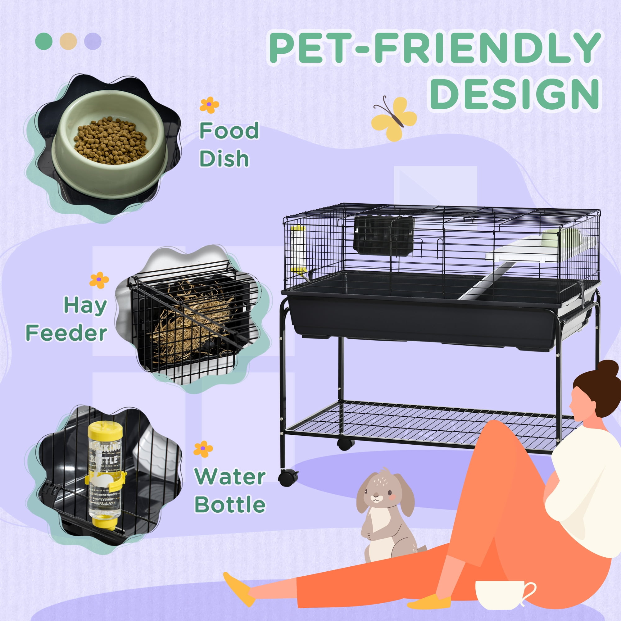 PawHut Two-Story Small Animal Cage Removable from Stand, Guinea Pig, Hedgehog, Chinchilla, Ferret, Shelf & Wheels, Pet Habitat, 39" x 20.5" x 36.5"