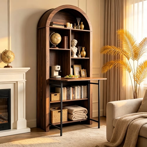 71" Tall Arched Bookcase with Folding Desk, Open Arched Display Bookself, Wooden Storage Cabinet for Office, Living Room, Kitchen