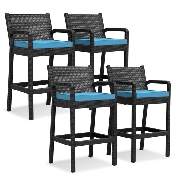 Patio Wicker Bar Stools Set of 4, 30'' Outdoor Counter Height Barstools with Thickened Cushions, All-Weather Wicker Rattan Bar Chairs with Backrest & Footrest for Backyard, Pool, Balcony, Blue