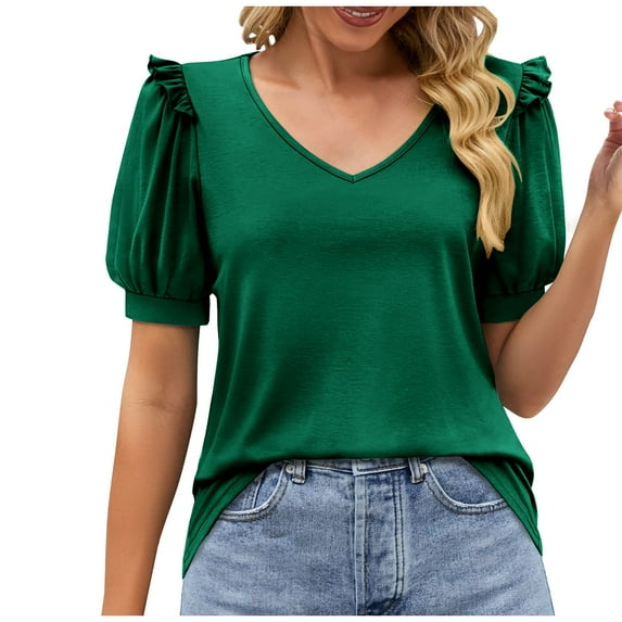 Odeerbi Summer Casual Elegant Tops for Women Fashion V-Neck Solid Short Sleeve Sexy Blouse Green