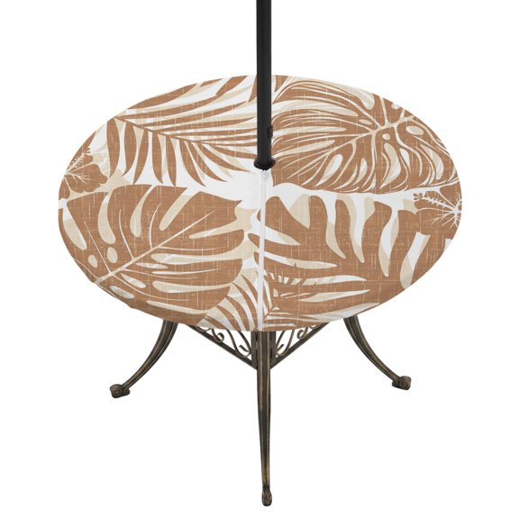 Outdoor Tablecloth with Umbrella Hole and Zipper Brown Palm Leaves Round Fitted Table Cover with Elastic Waterproof Tropical Neutral Plants Patio Tablecloths for Picnic BBQS Garden Party Fit 45"-54"