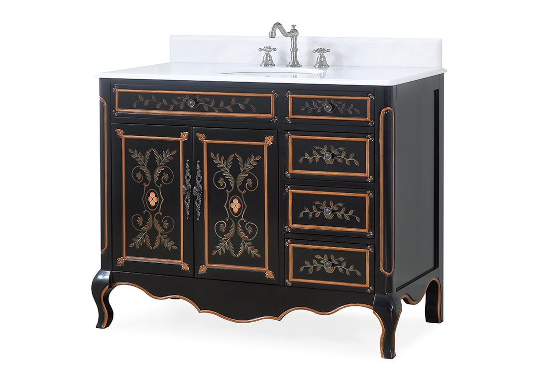 Benton Collection 42" Black Hand-Painted Floral Bathroom Vanity with White Marble Top