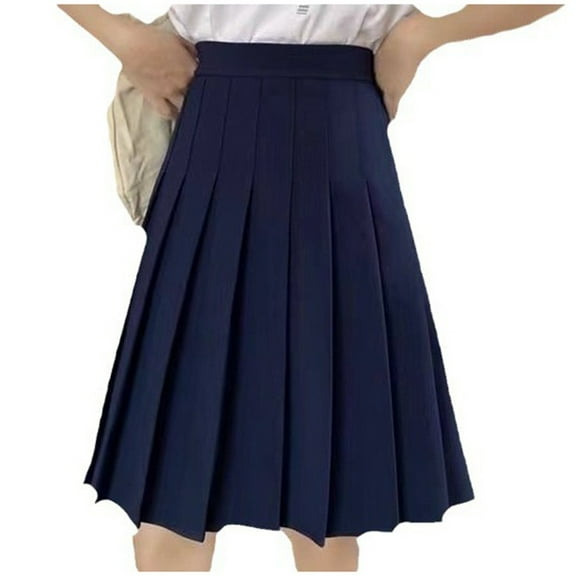 HJYCHN Long Skirts for Women Fashion High Waisted Mid Length Solid Color Pleated Half A-Line Midi Skirt Navy XXL