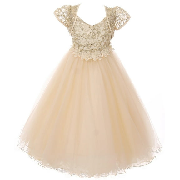 Little Girls Lace Top Tulle Bolero Party Pageant Holiday Gown Flower Girl Dress Gold 4 (C17B13)