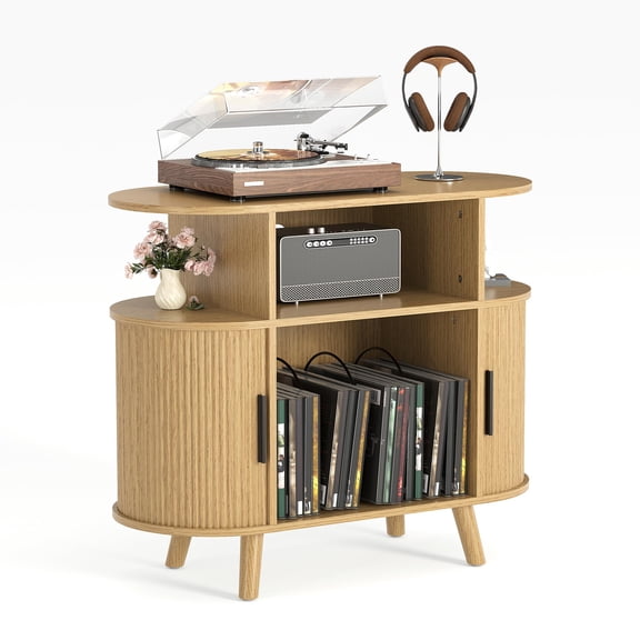Mid-Century Fluted Record Player Stand – 300-Album Storage, Turntable Cabinet with Charging Station & Display Shelf – Arched Media Console for Living Room & Music Room